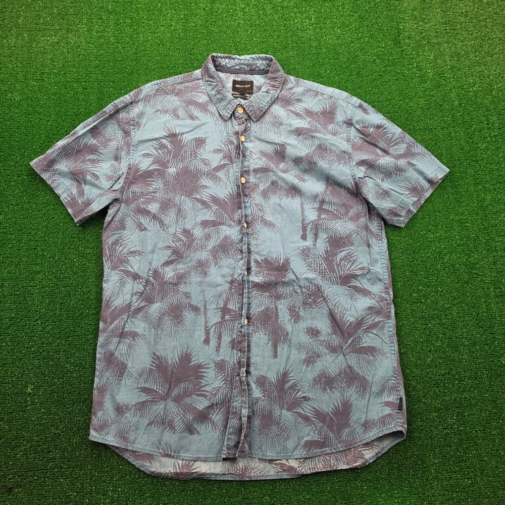 Quiksilver Shirt Mens Large Blue Button Up Modern Fit Beach Palm Tree Aloha
